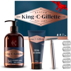 King C. Gillette Idea Regalo Uomo con Rasoio di Sicurezza, 5 Lamette di Ricambio, Gel e Detergente Viso Barba, Confezione Regalo Set Barba Uomo Professionale